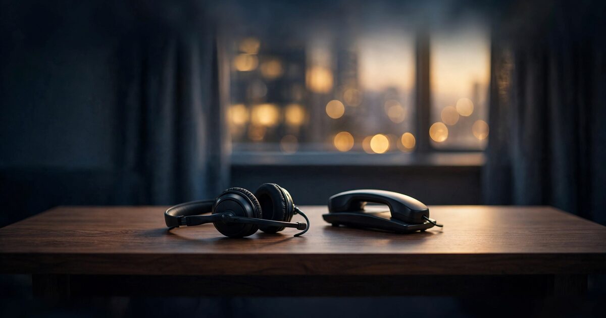 Quiet after-hours walnut desk with a headset and telephone handset