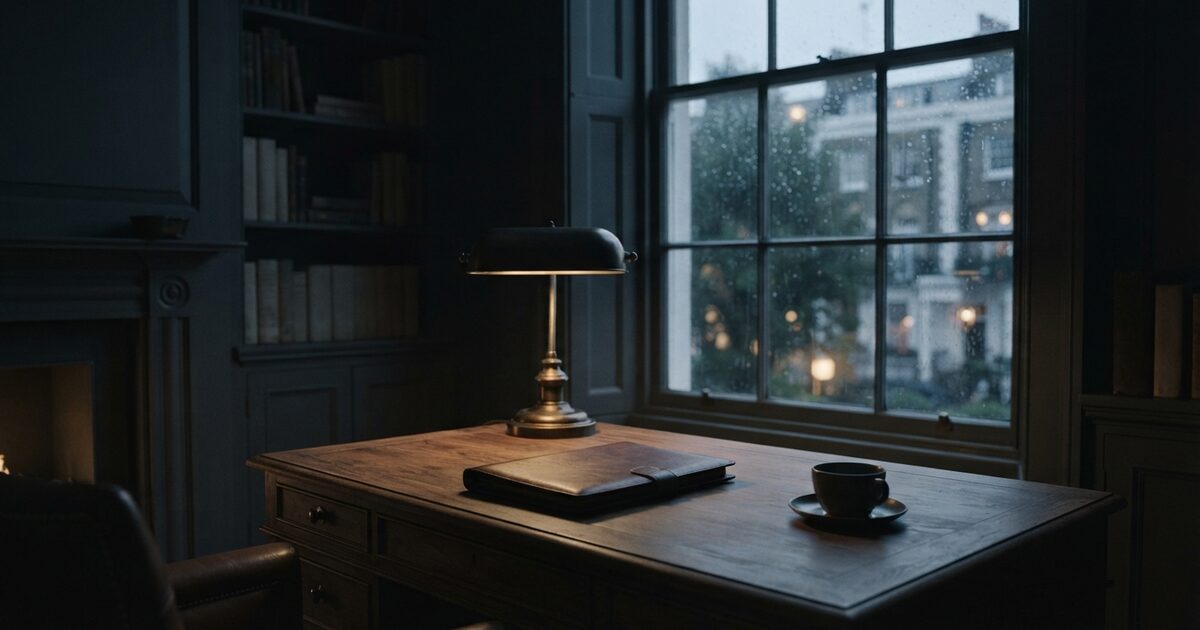 Walnut desk and closed leather folio beside a rain-streaked sash window
