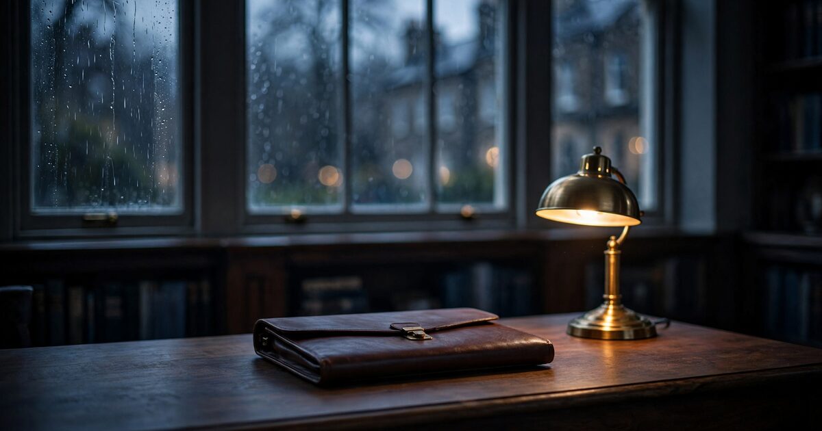 Walnut study desk with leather portfolio beside a rain-streaked window