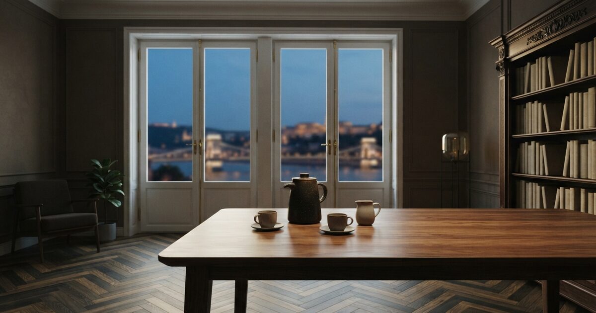 Sunlit Central European apartment with walnut table and window light