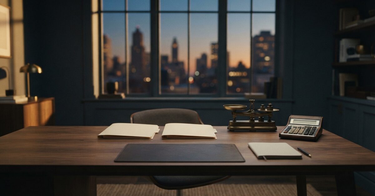 Walnut desk with two closed folders beside a small brass scale