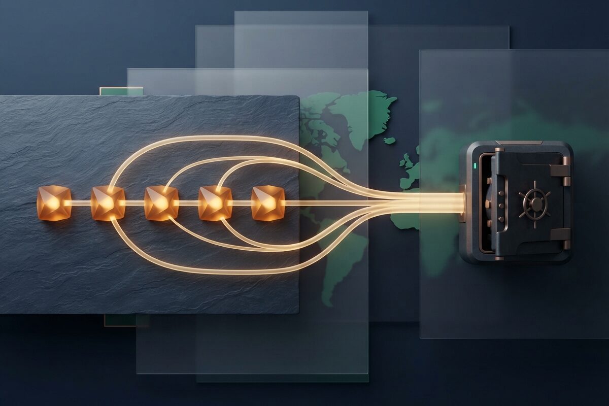 Five glowing nodes merging into one sealed vault shape