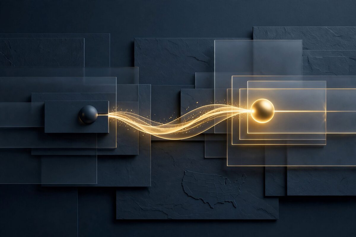 Abstract slate diagram of a call path that lights only after confirmation