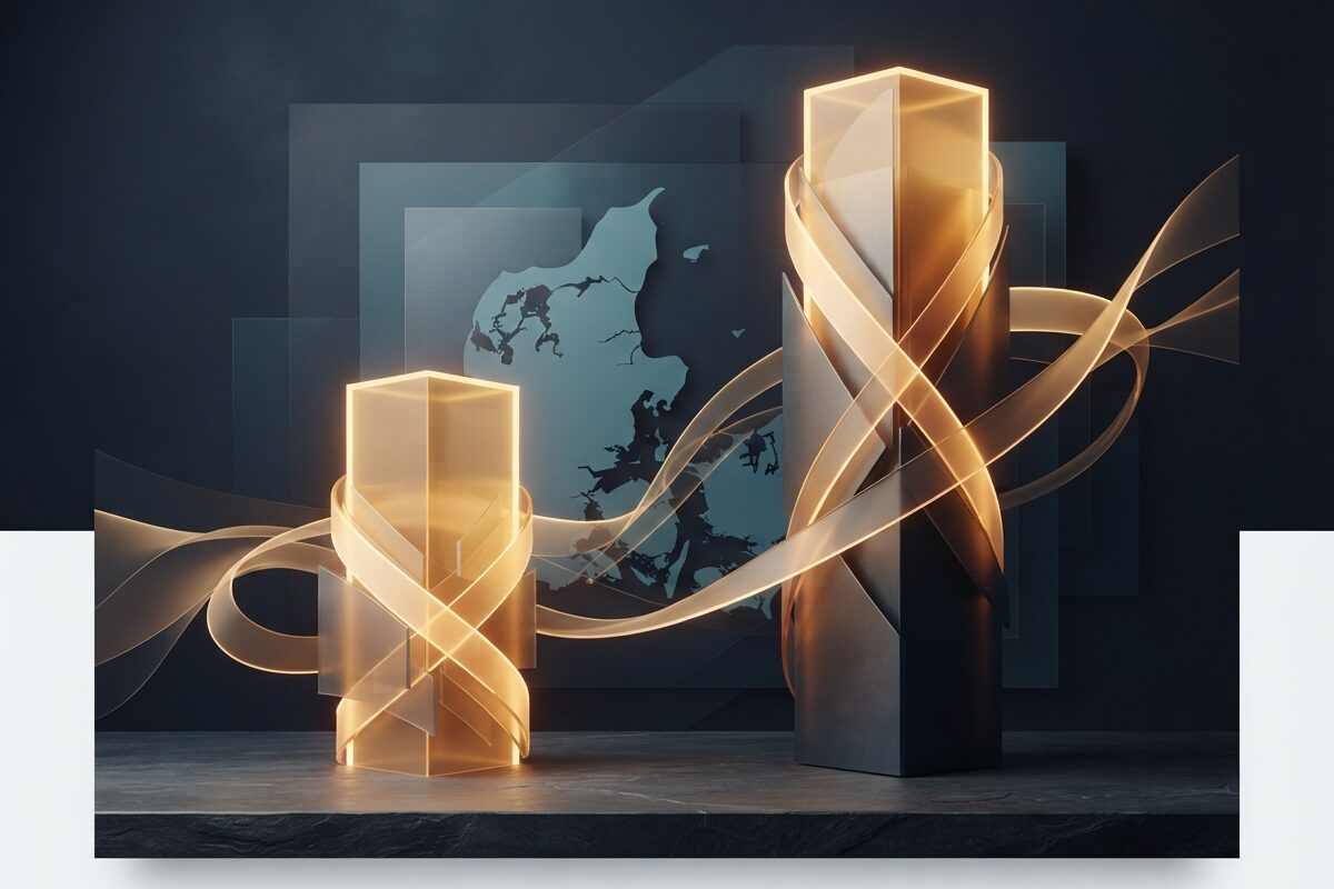 Two glowing amber columns on dark slate surface