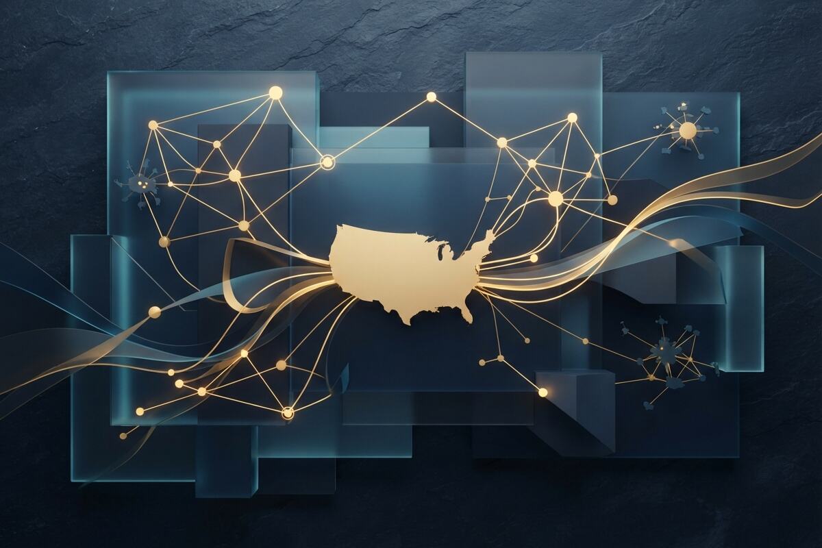 Abstract visual metaphor for cross-border credit and loan approval pathways