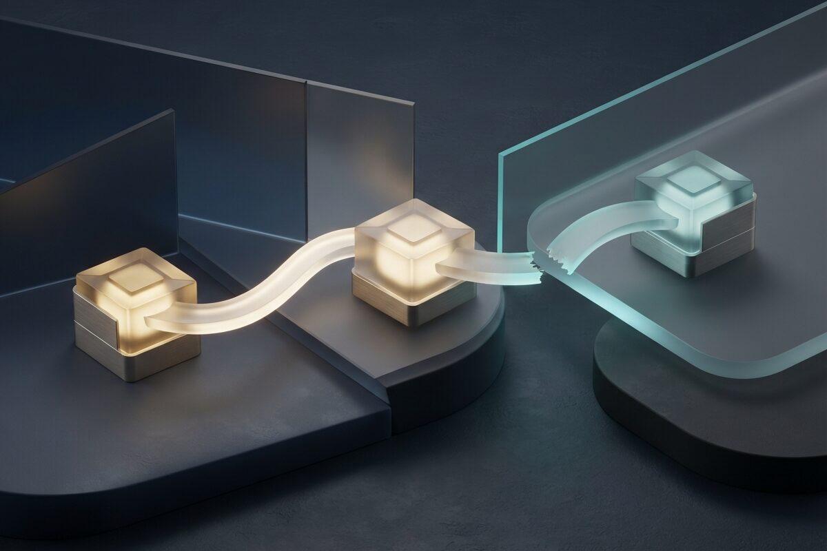 Three glowing network nodes on slate with one path cut short