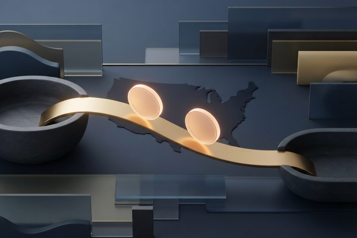 Glowing discs traveling a gold path between slate basins