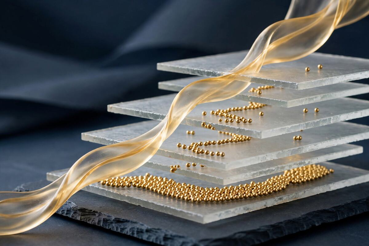 Stacked glass layers holding gold beads on dark slate