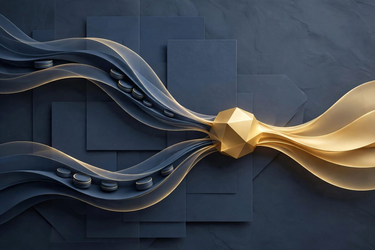 Abstract gold nodes showing two payment streams merging together