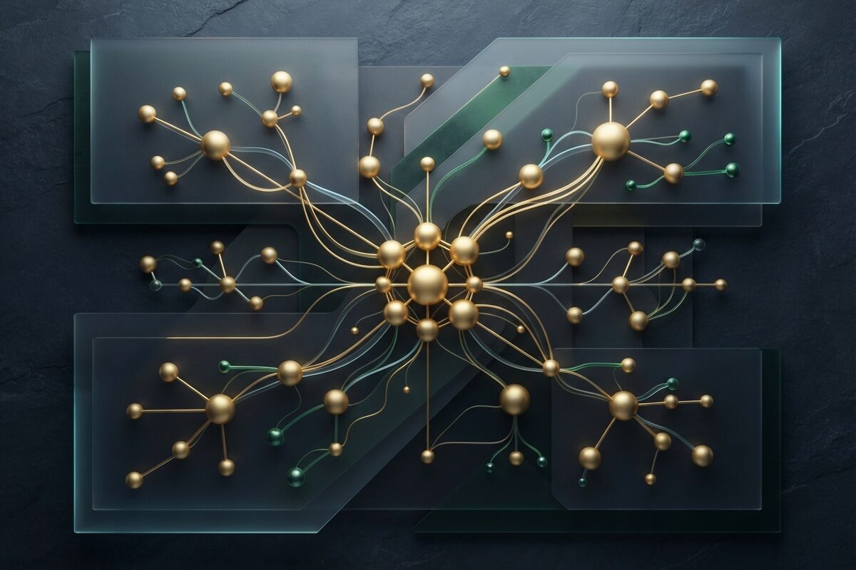 Abstract glowing network nodes mapping partnership ownership on slate