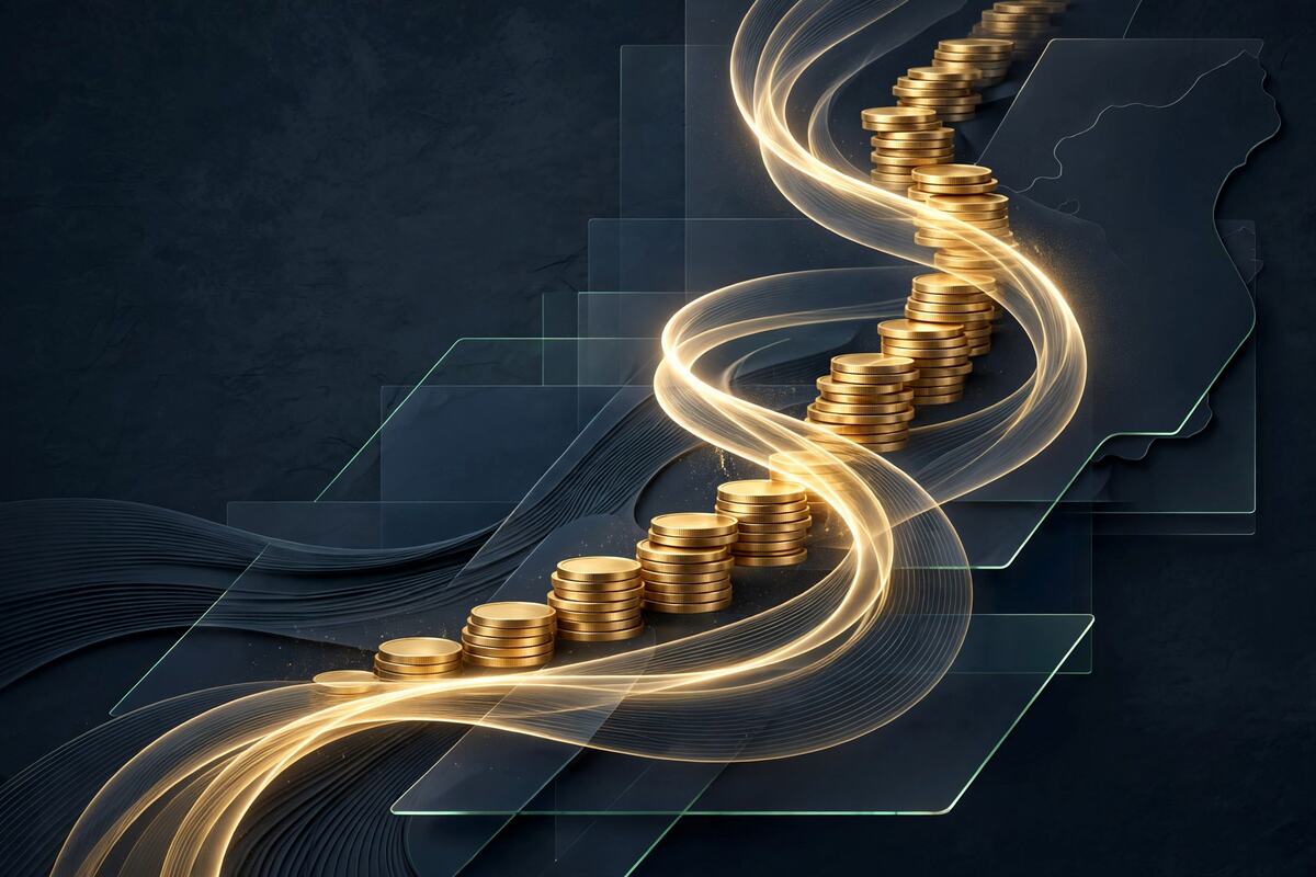 Glowing spiral of gold coins stacking on dark slate surface