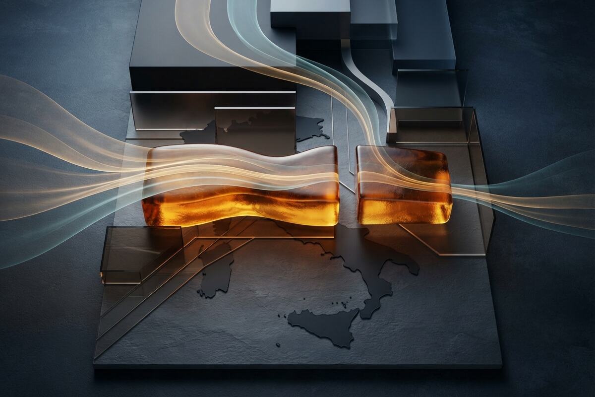 Abstract amber glass bar split in half on dark slate