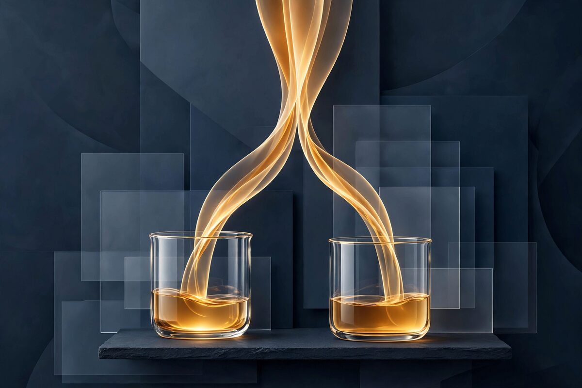 Amber light splitting into two glass vessels on slate