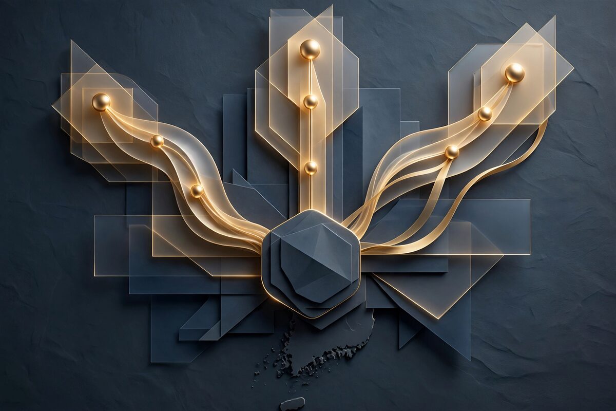 Abstract glowing network nodes mapping three income tiers on dark slate