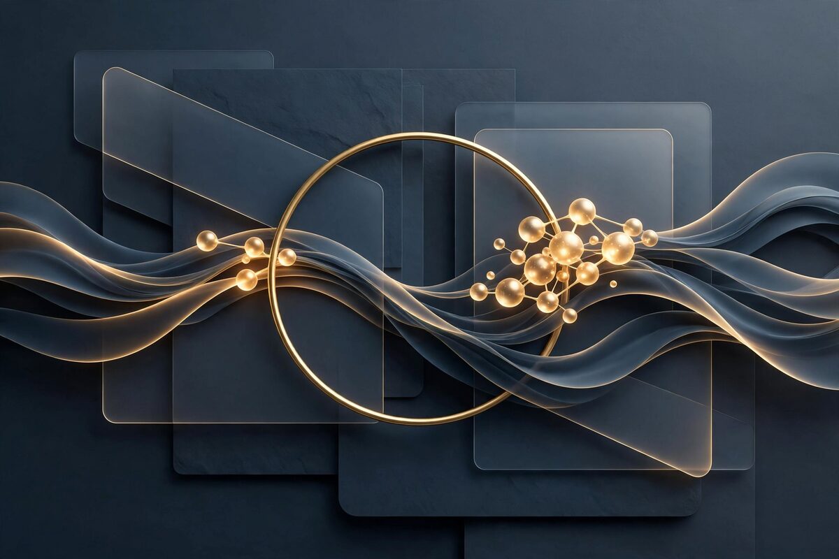 Glowing network nodes crossing a thin gold ring on slate
