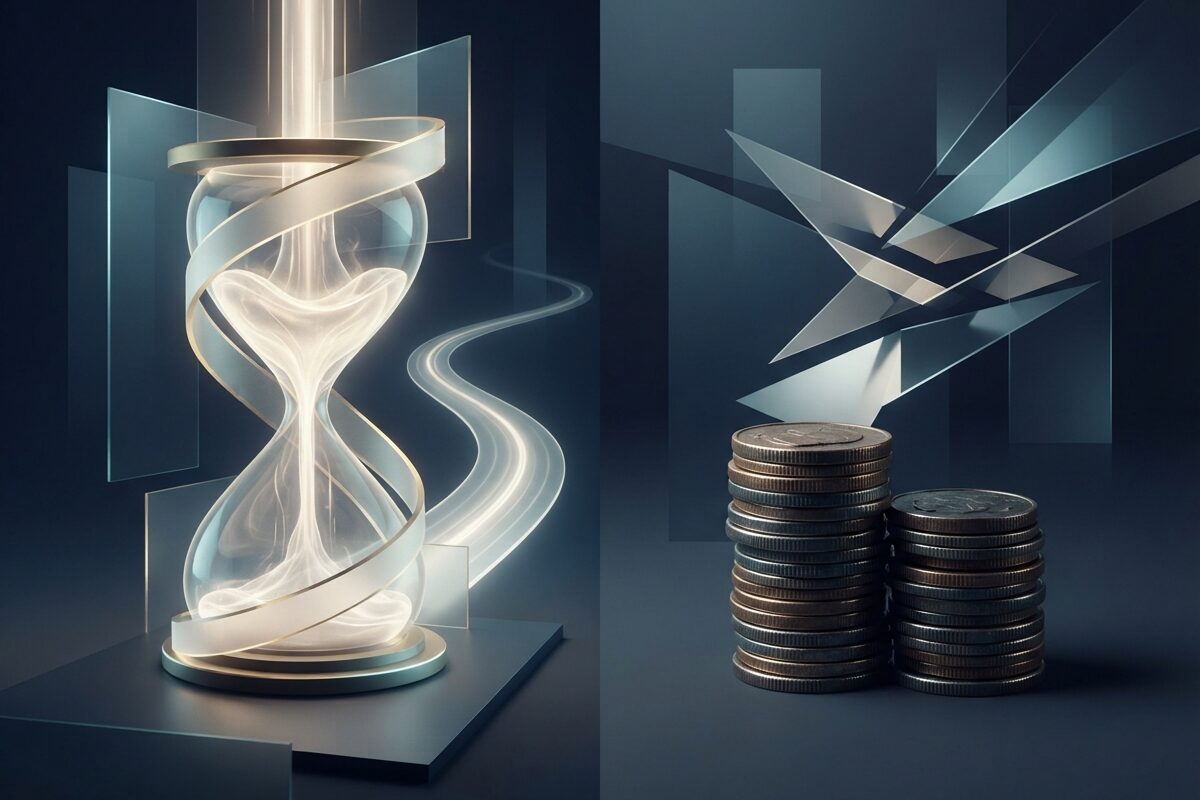 Abstract glowing hourglass of light facing a metallic stack of coins
