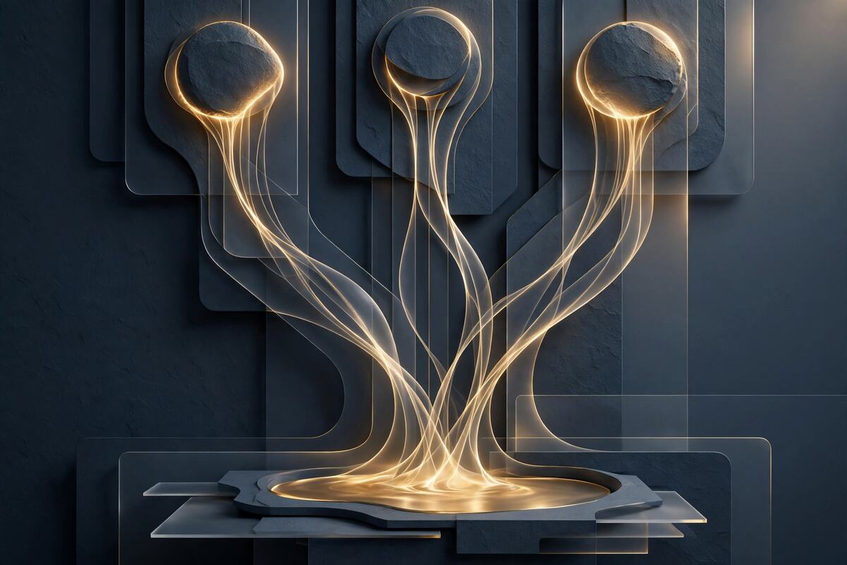 Abstract glowing nodes on slate merging into a single luminous pool