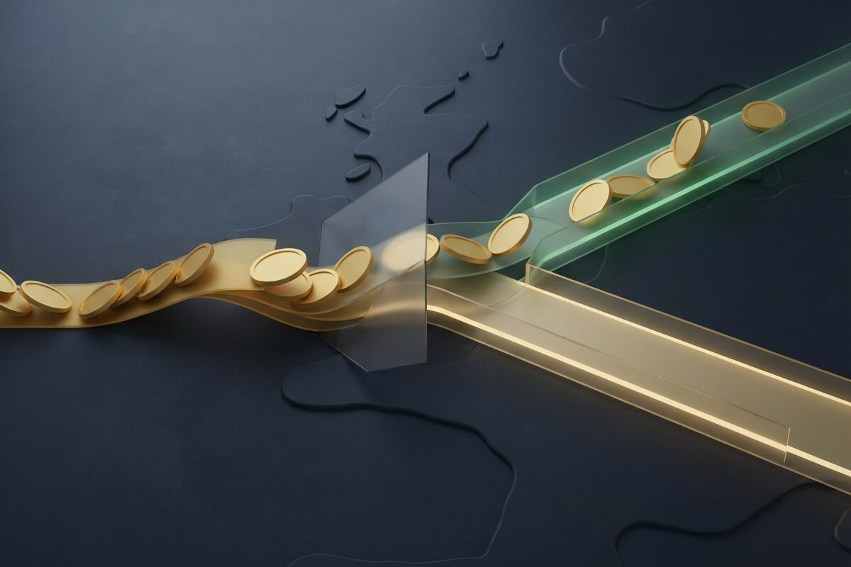Gold coin stream splitting into two glowing paths on dark slate