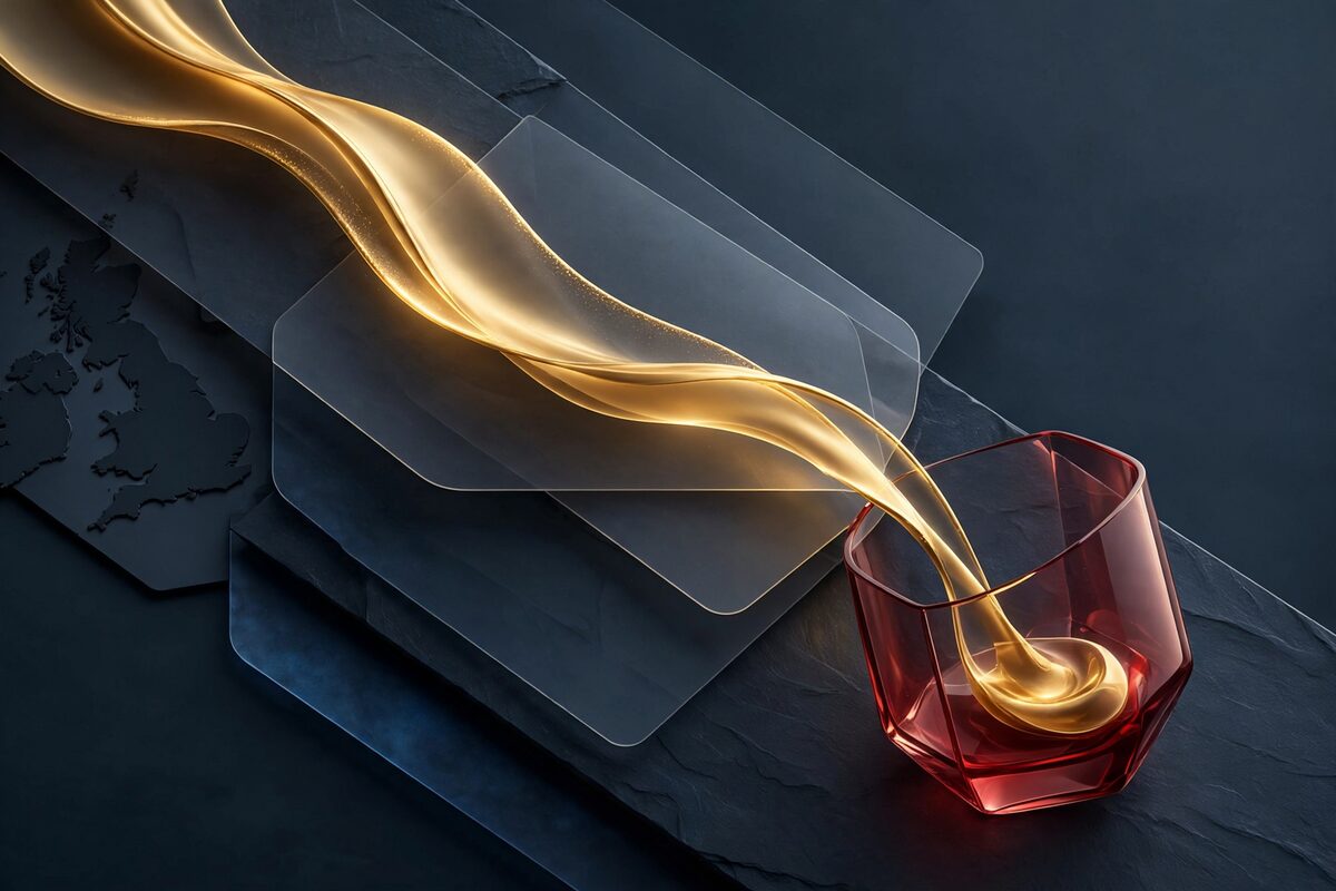 Gold stream splitting as one quarter flows into a crimson vessel