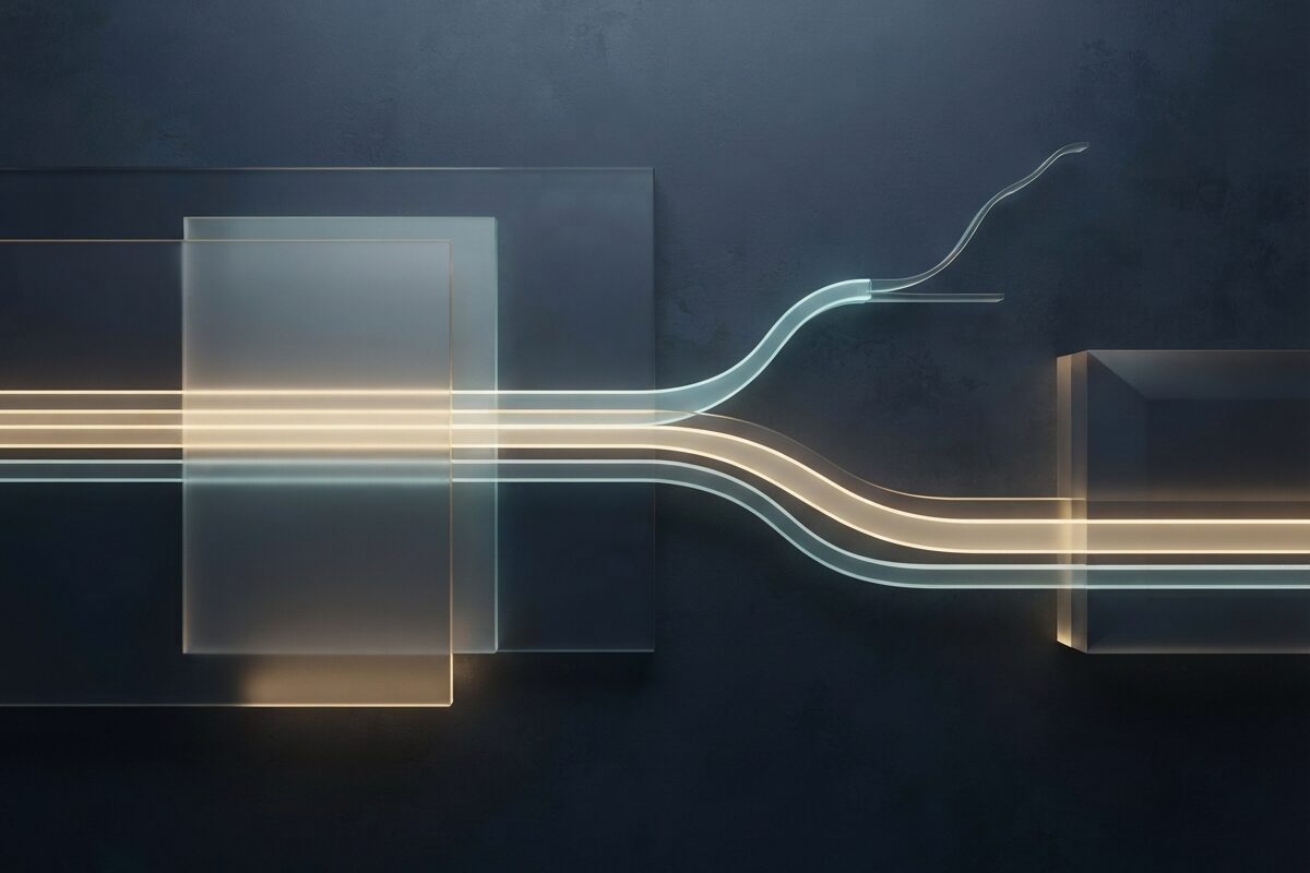 Glowing abstract payment streams splitting across a dark slate surface