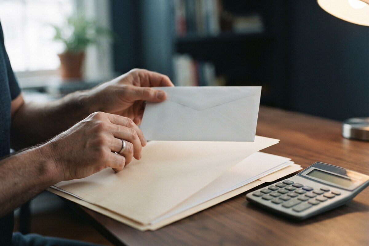 Hands filing a blank envelope beside a desktop calculator