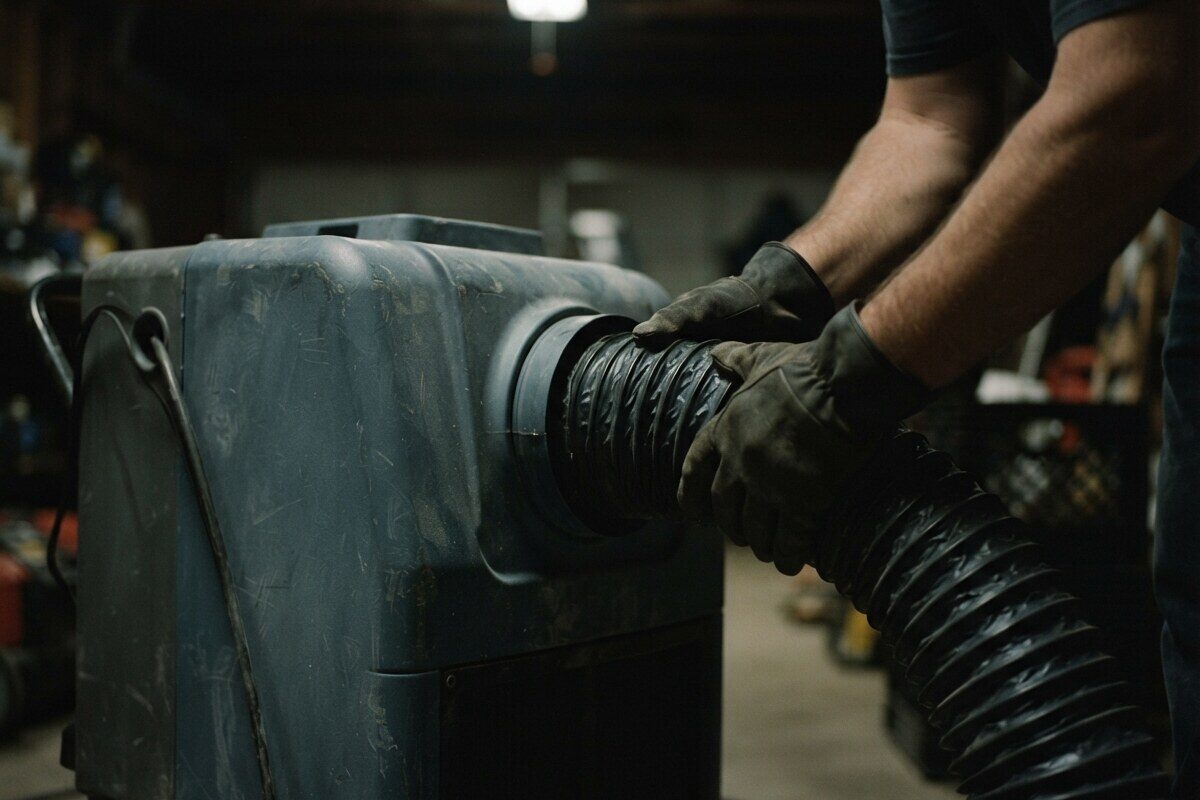 Gloved hands connecting a hose to a restoration dehumidifier
