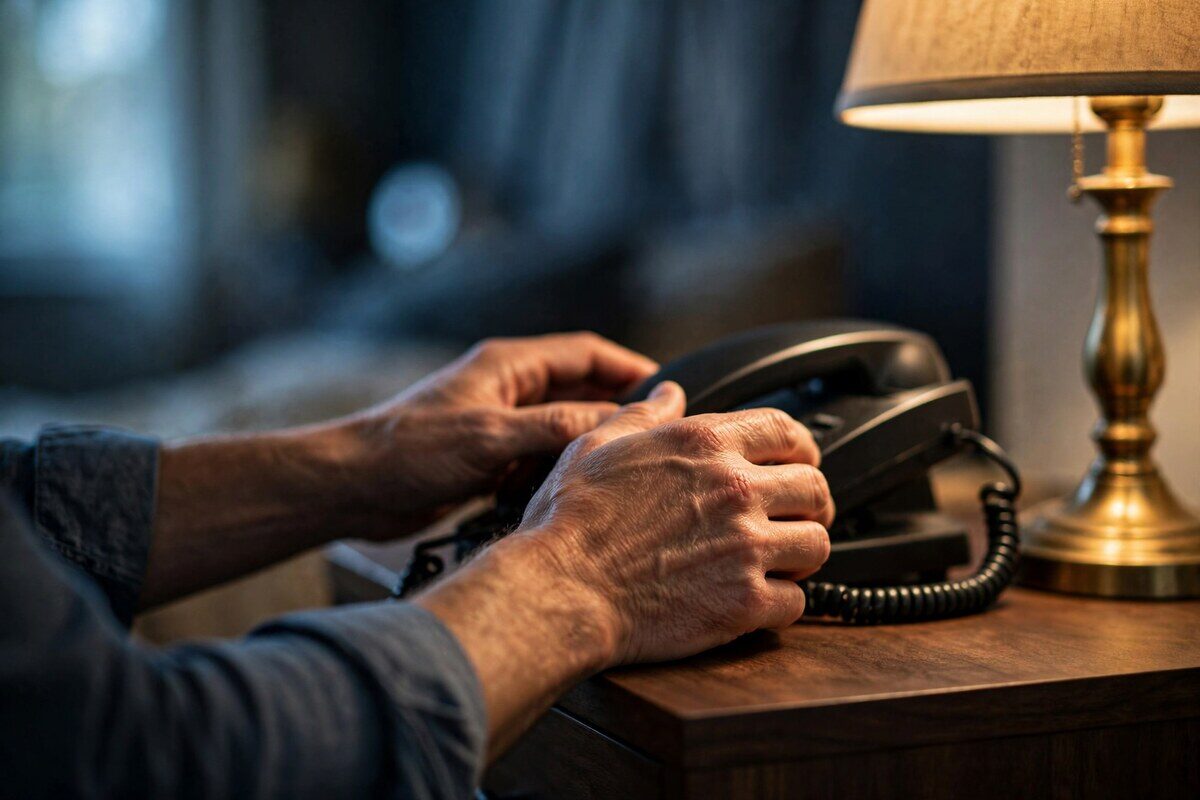 Hands placing a desk telephone on a walnut nightstand