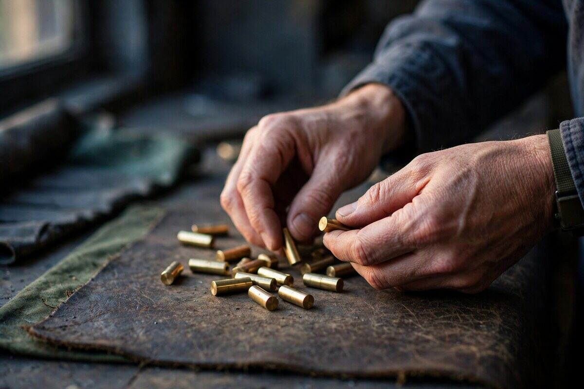 Hands sorting unmarked brass lock cylinders on a leather bench mat