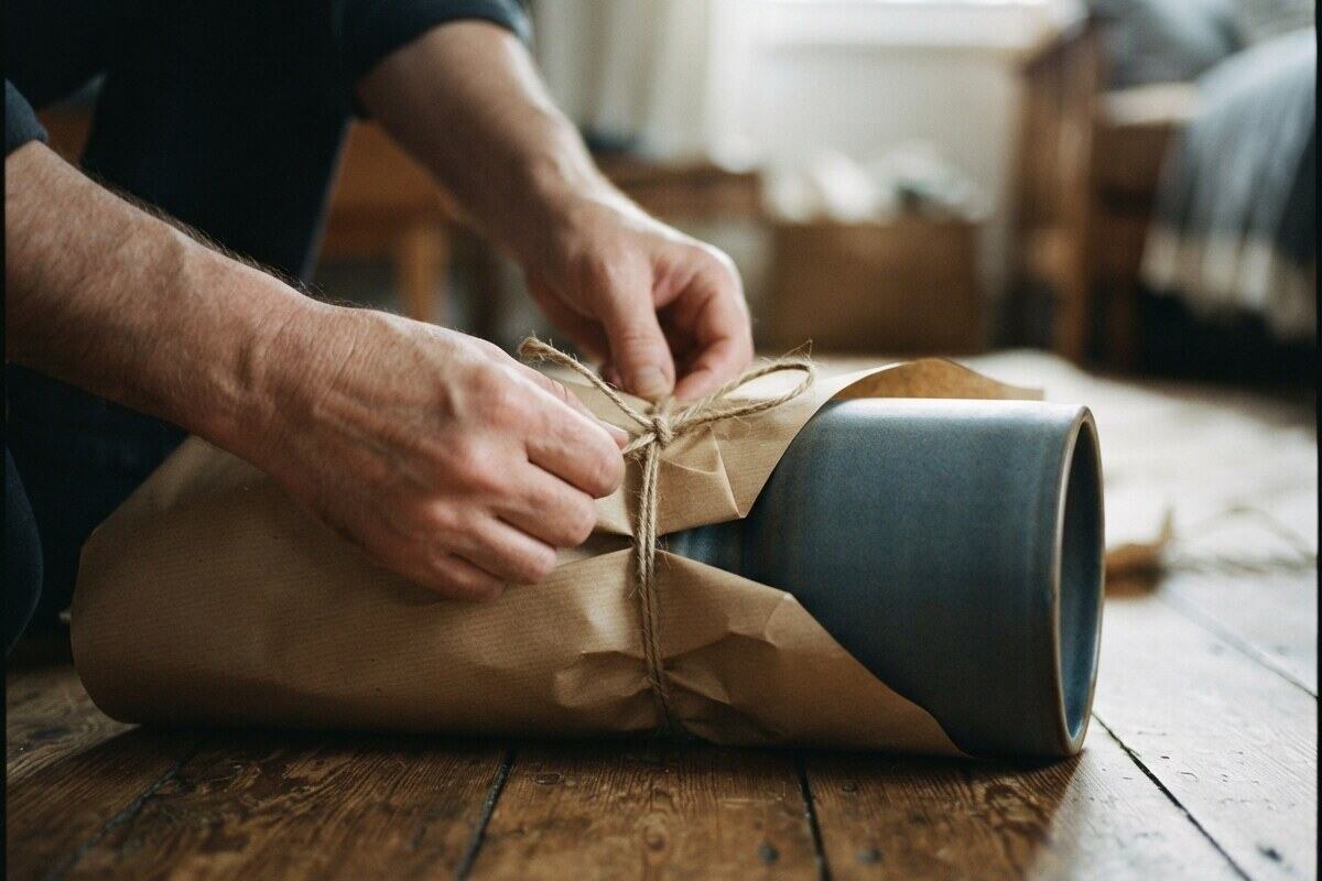 Hands wrapping a lamp in kraft paper before a residential move
