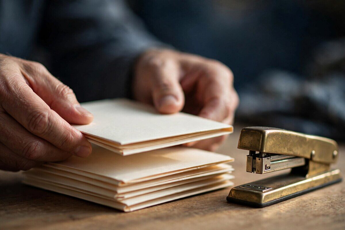 Hands stacking blank cream folders beside a brass stapler