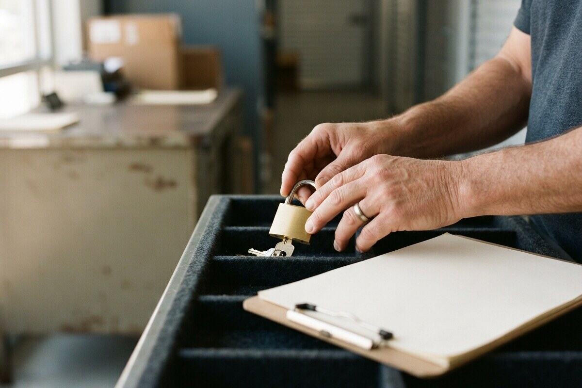Hands setting a brass padlock on a felt tray in warm light
