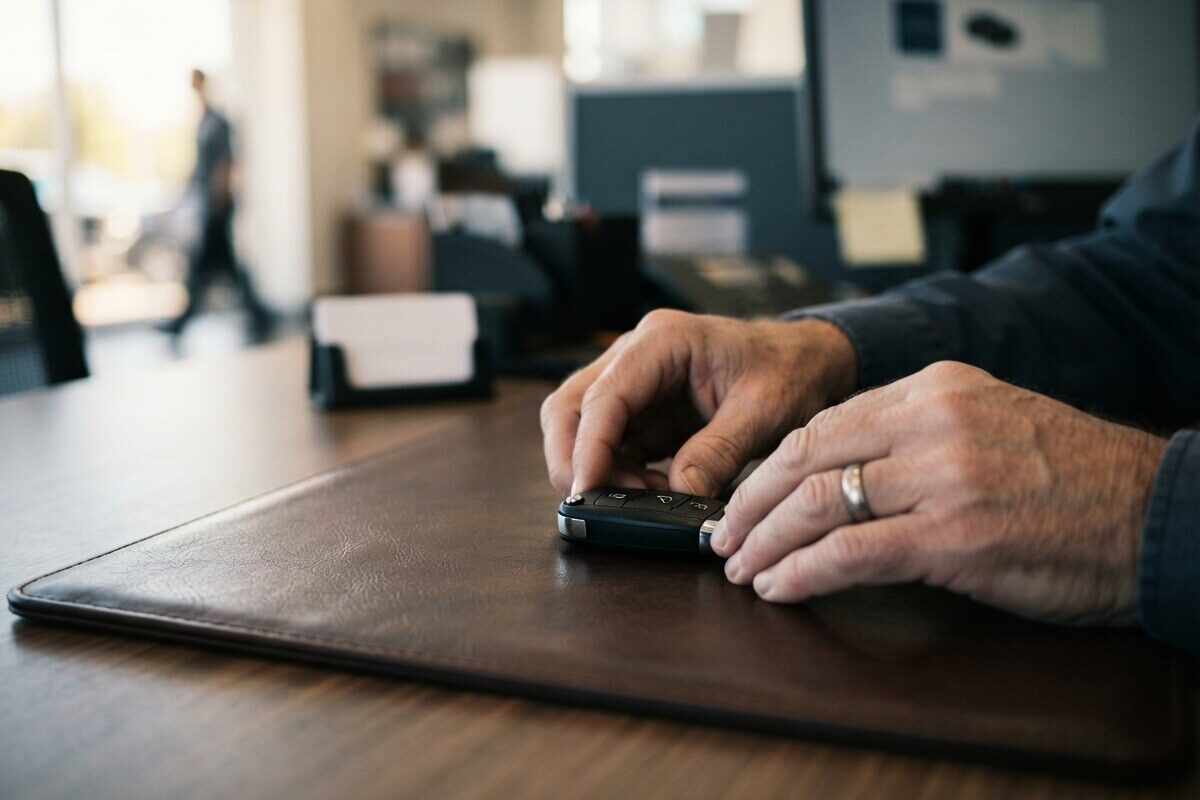 Hands setting a car key fob on a leather desk pad
