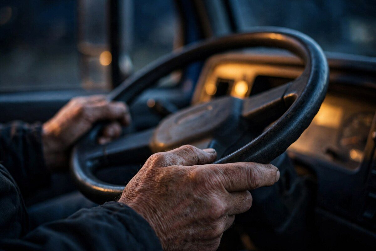 Close-up of a driver's hands on a tow truck wheel at night