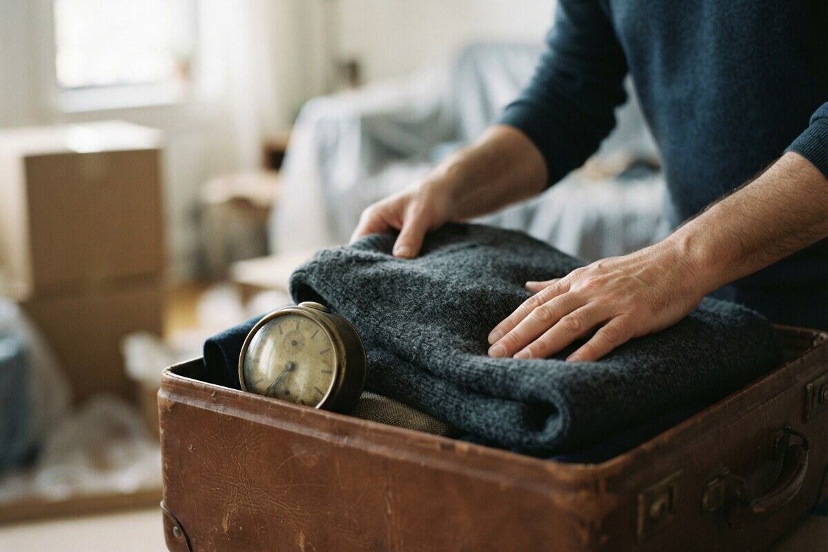 Hands packing knitwear into a leather relocation crate