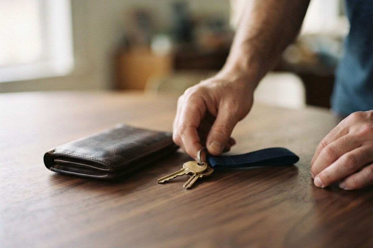 Hands placing house keys beside a leather travel wallet