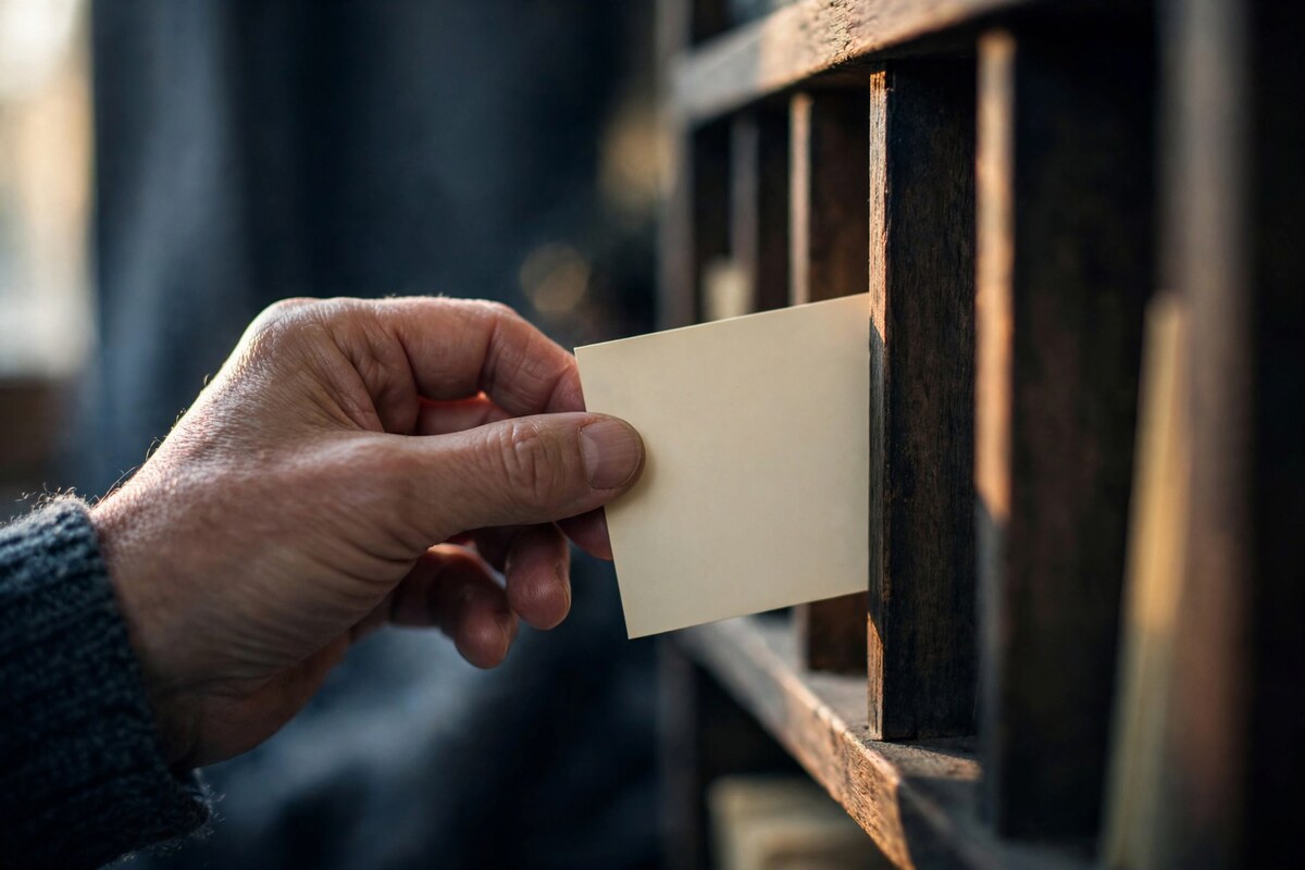 Hands filing a blank card into a narrow wooden sorter