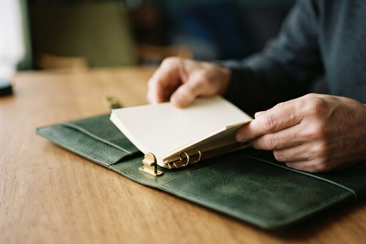 Hands clipping blank pages into a leather folio