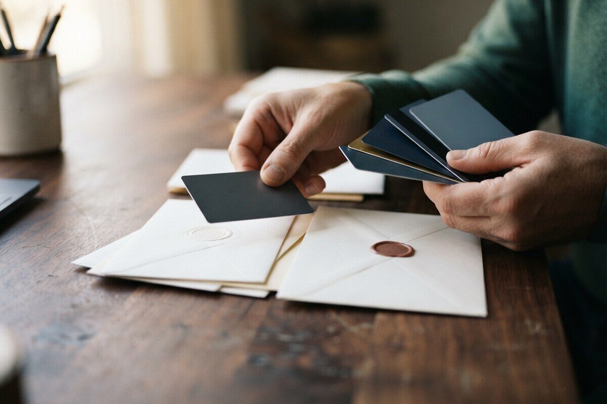 Hands sorting US credit cards and banking mail before loan application