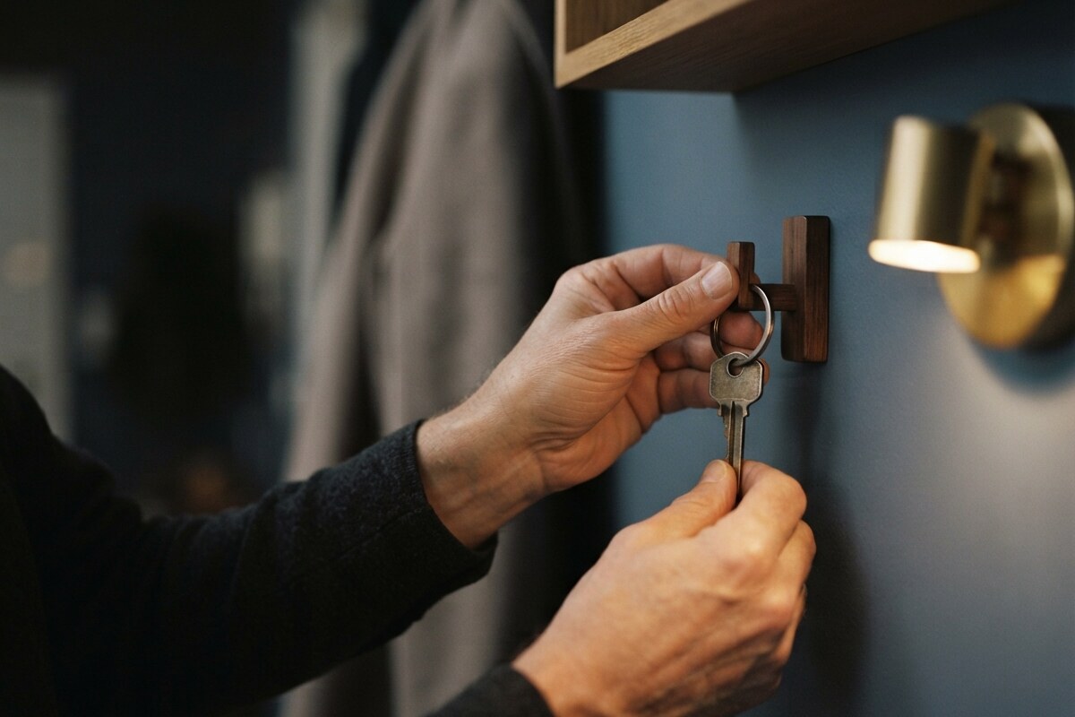 Hands hanging a metal house key on a small wall hook