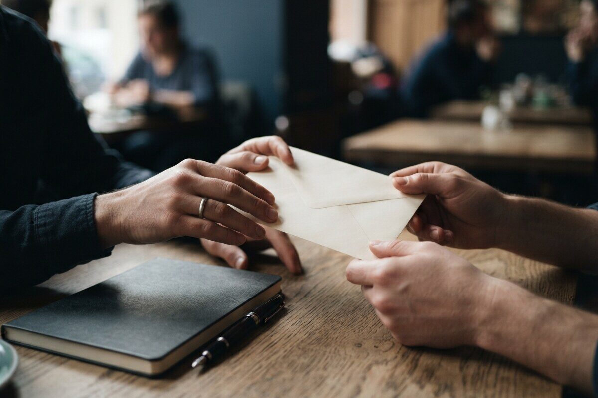 Hands exchanging a sealed cream envelope across a wooden table
