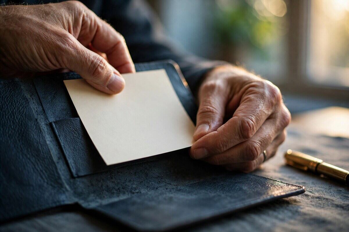 Hands sliding a blank cream sheet into a leather folio