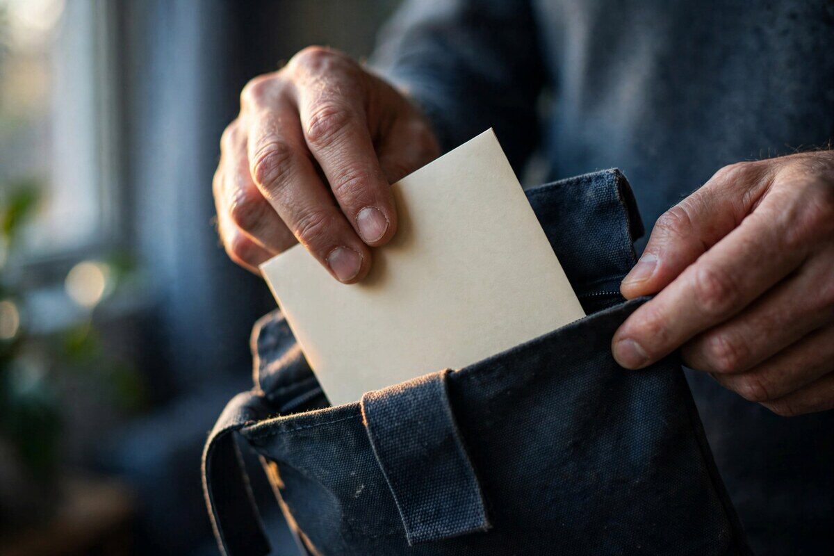 Hands placing a blank cream envelope into a courier pouch