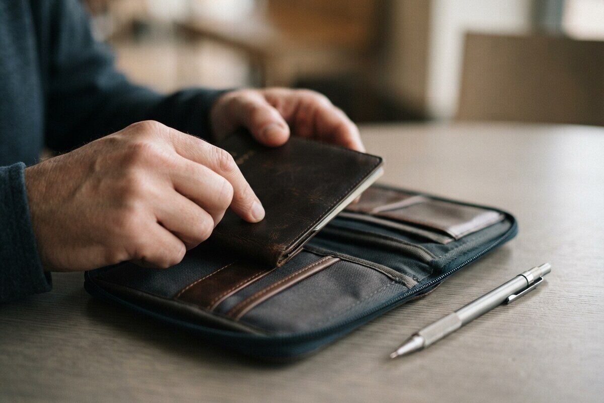 Hands placing a leather passport into a compact travel wallet