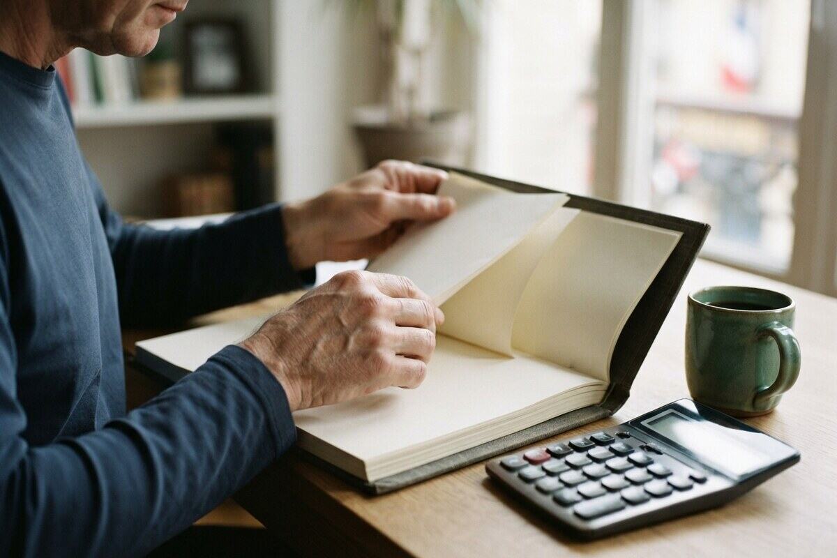 Hands placing blank pages into a ledger beside a calculator
