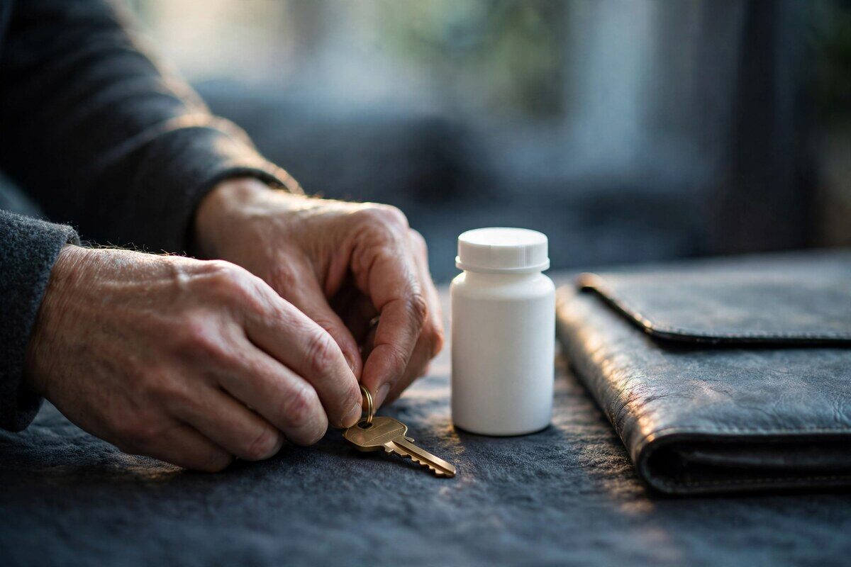 Hands placing a house key beside a pill bottle and folder