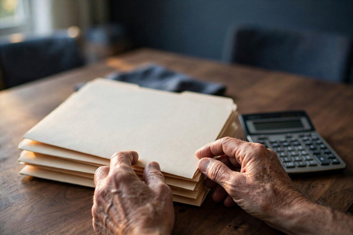 Hands stacking paper folders beside a calculator on wood
