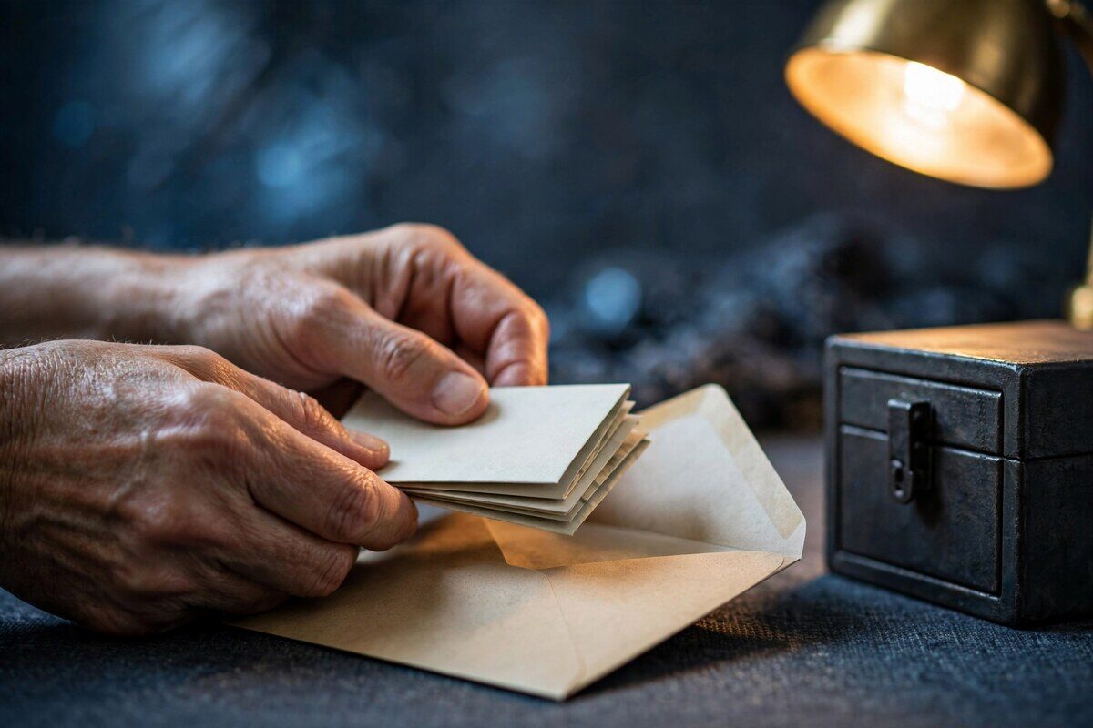 Hands placing cash into a plain envelope beside lockbox