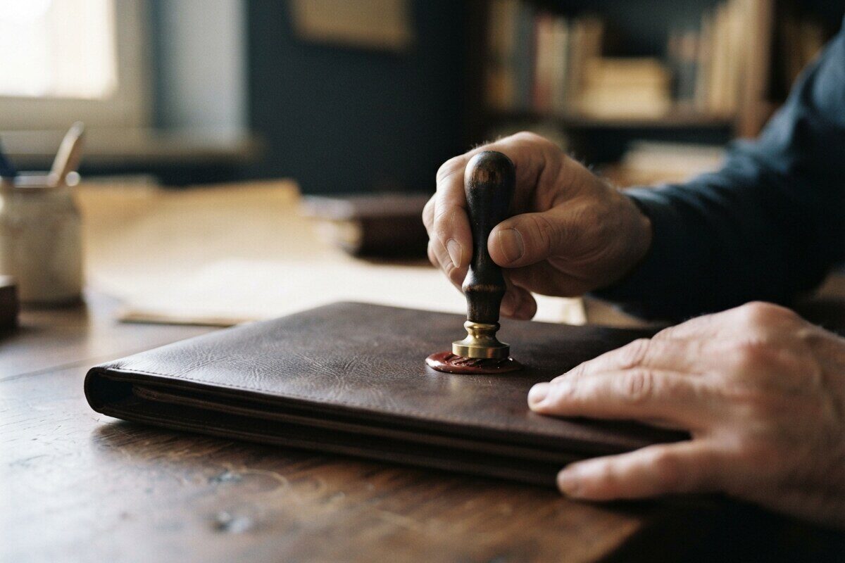 Hands pressing a brass wax seal onto a leather folder