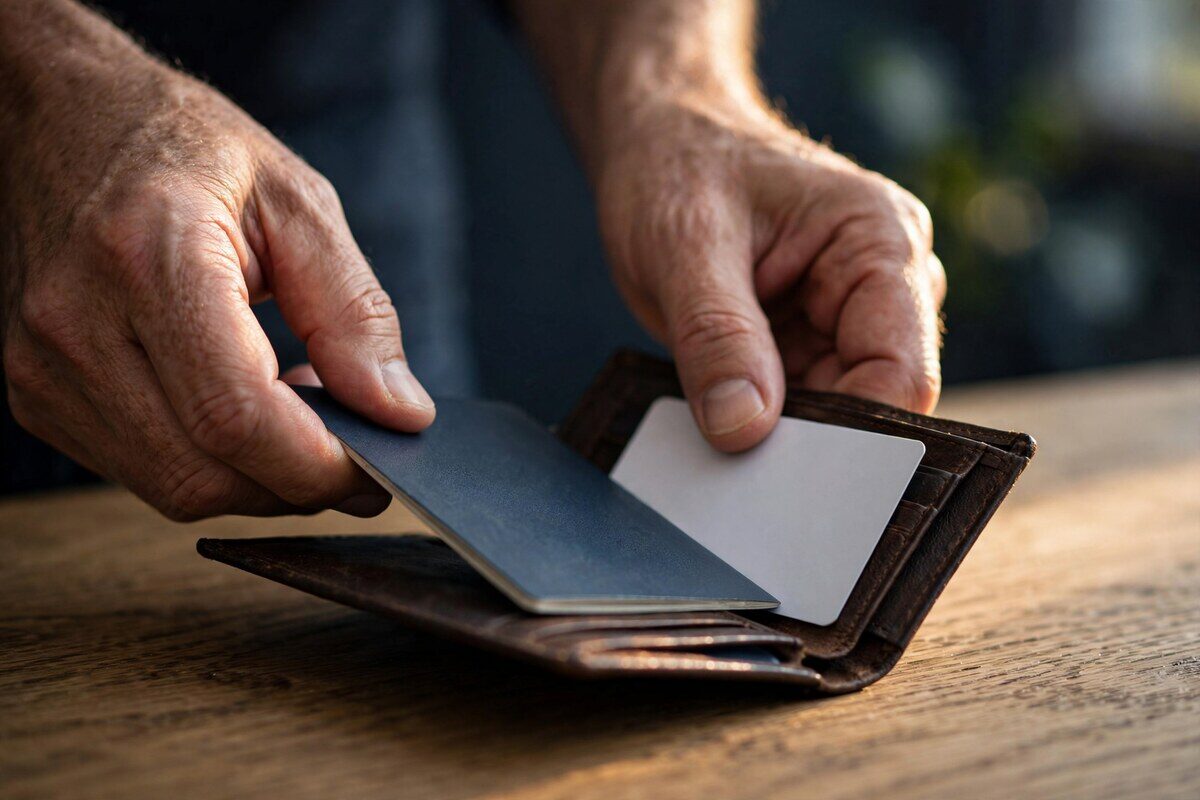 Hands tucking a passport into a leather travel wallet