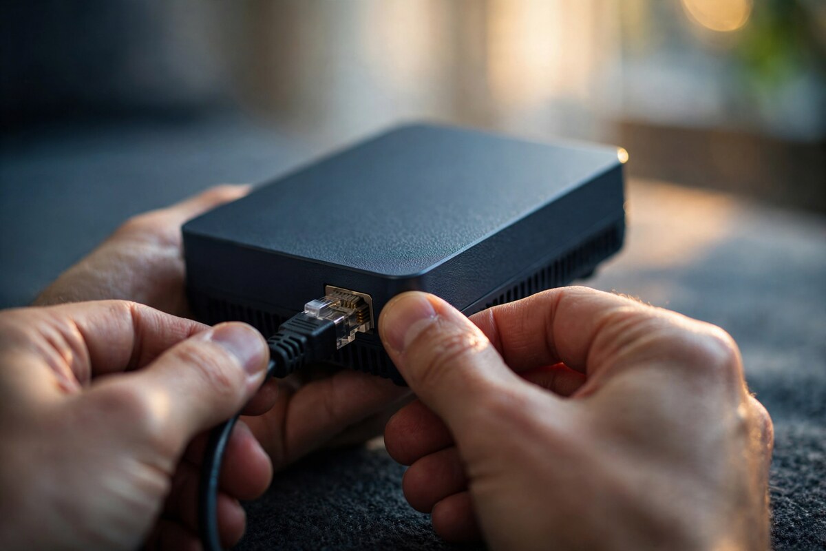 Hands seating an ethernet cable into a small fanless computer
